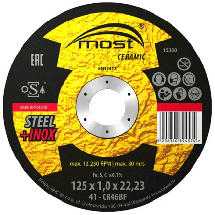Rezný kotúč 125 x 1,0 x 22,23 mm MOST CERAMIC Metal + Inox typ 41