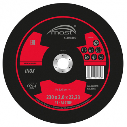 Řezný kotouč 230 x 2,0 x 22,23 mm MOST STANDARD INOX typ 41