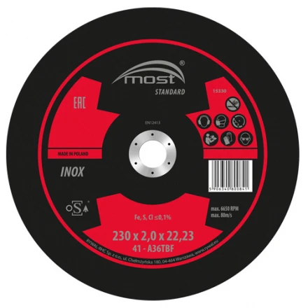 Řezný kotouč 230 x 2,0 x 22,23 mm MOST STANDARD INOX typ 41