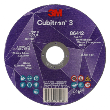 Rezný kotúč 125 x 1,6 x 22,23 mm zrnitosť 36+ 3M Cubitron 3 typ T41, 86412