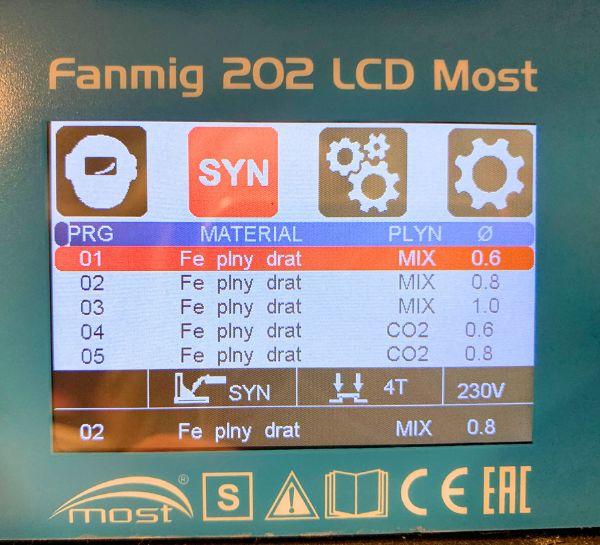 Zváračka FANMIG 202 LCD MOST - nastavenie materiálu, drôtu, plynu
