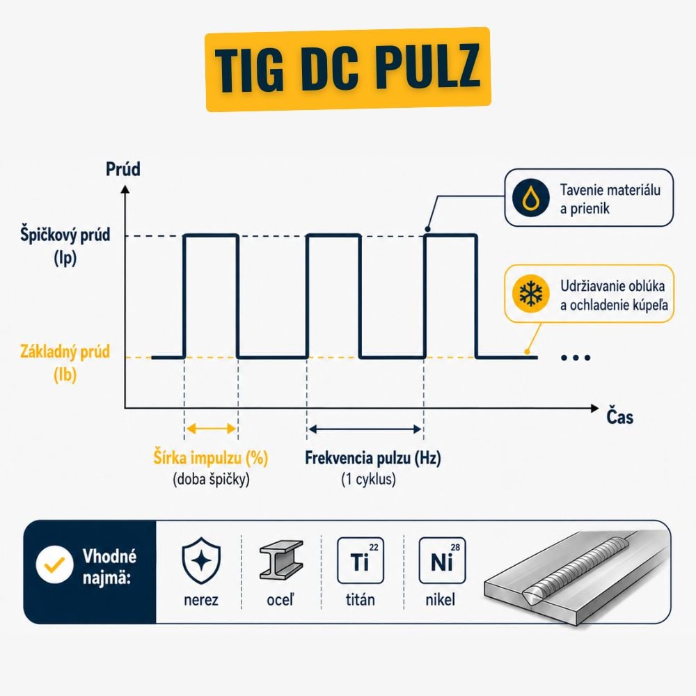 Schéma TIG DC pulzu so špičkovým prúdom, základným prúdom a frekvenciou pulzu