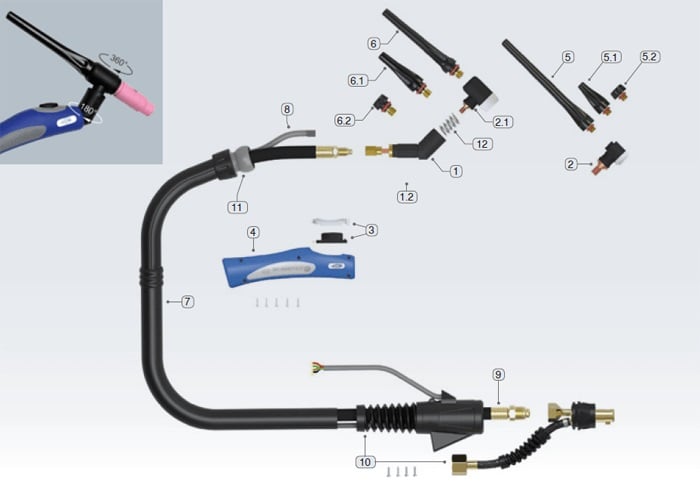 Svařovací hořák TIG T125 SGRIP MOST chlazený plynem