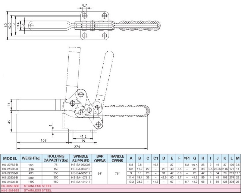 Upínací svěrka HS-23502-B horizontální s přírubovou základnou.
